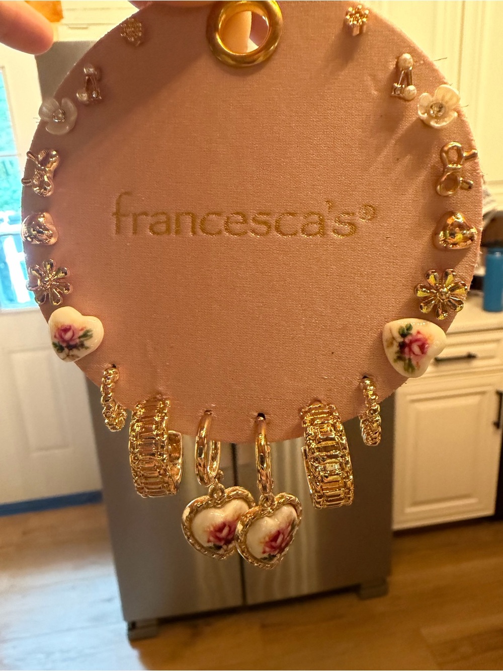 Francesca's Gold Earrings Set with Pink Floral Hearts